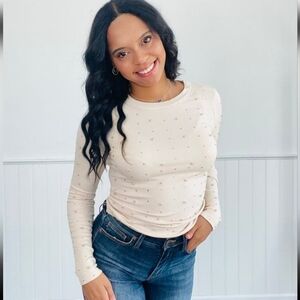 Pearl Studded Long-Sleeve Cream Top